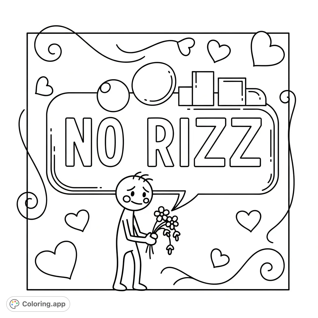 An endearing 'NO RIZZ' coloring page featuring an awkward stick figure, drooping flowers, and whimsical hearts. Perfect for those who appreciate humorous, relatable art.