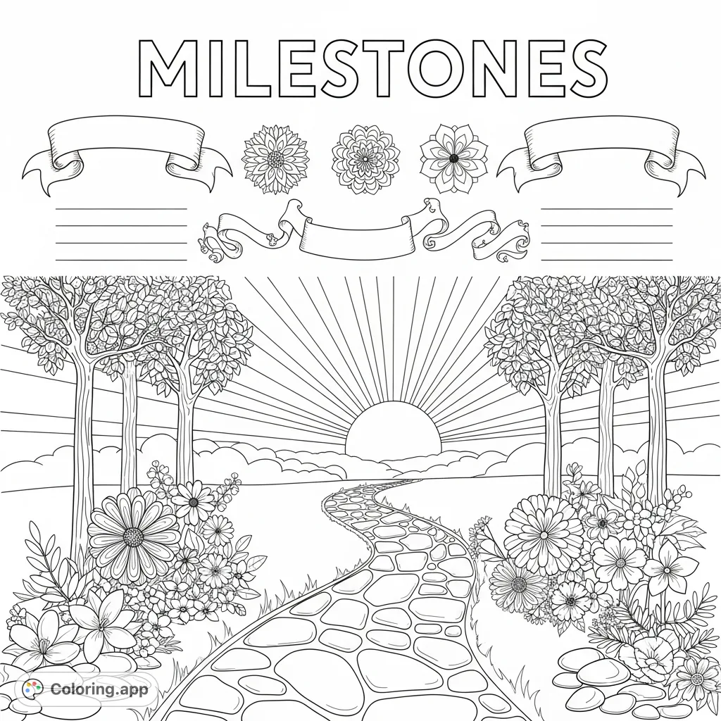 A serene path winds towards a radiant sunrise, flanked by trees and flowers. "Milestones" in elegant lettering, with decorative banners for personal achievements.