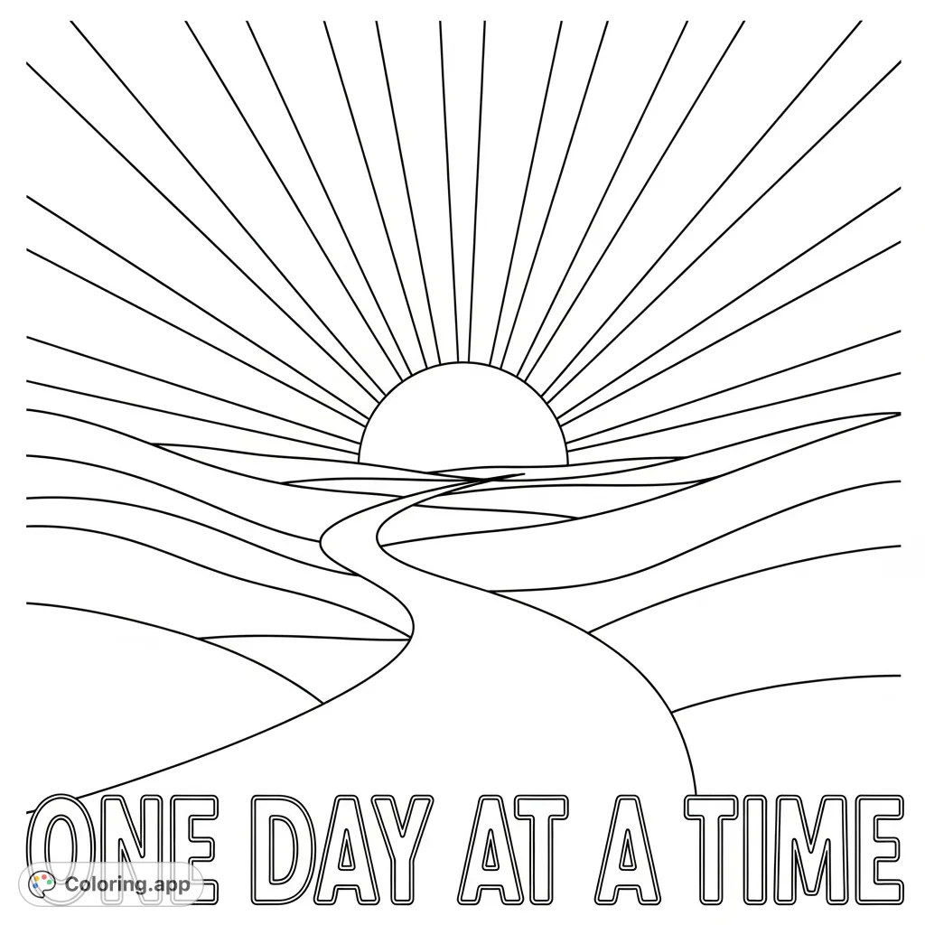 An uplifting coloring page featuring a winding path towards a grand setting sun, surrounded by serene hills and the encouraging phrase 'One Day At A Time'.