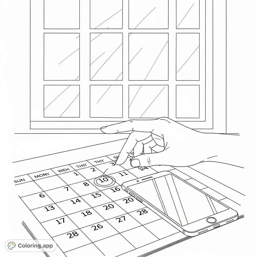 A serene coloring page depicting a hand resting on a circled calendar date next to a phone, with gentle light from a window. Perfect for quiet reflection.