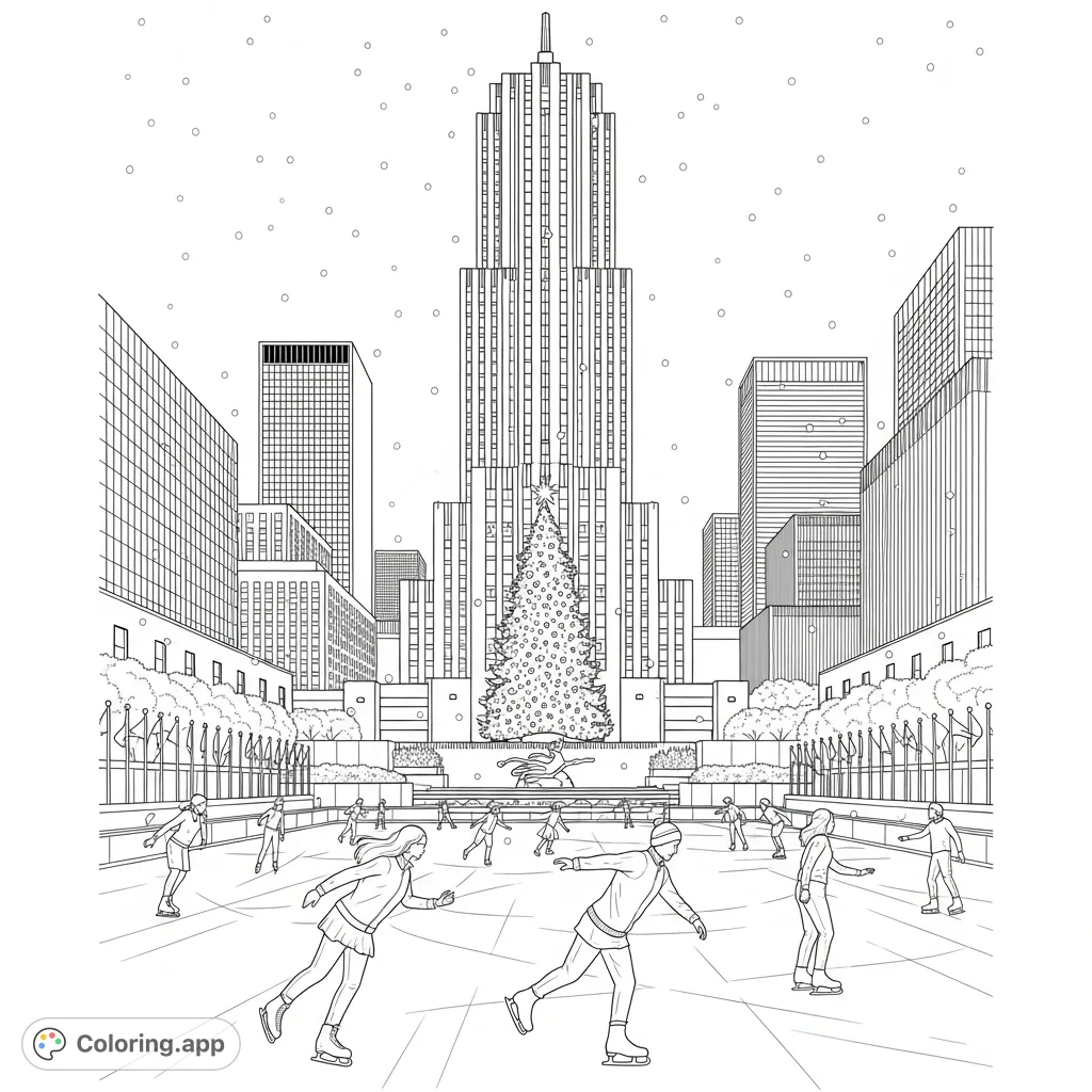 Immerse yourself in the festive spirit of a Rockefeller Center Christmas coloring page! Features a grand tree, ice skaters, and towering city skyscrapers.