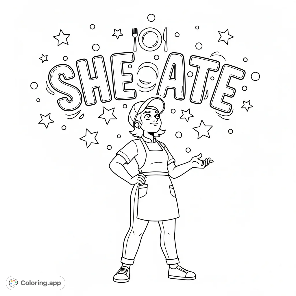 Celebrate flawless moments with this empowering "SHE ATE" coloring page featuring a proud cartoon character, stars, and subtle food doodles. Perfect for all ages!