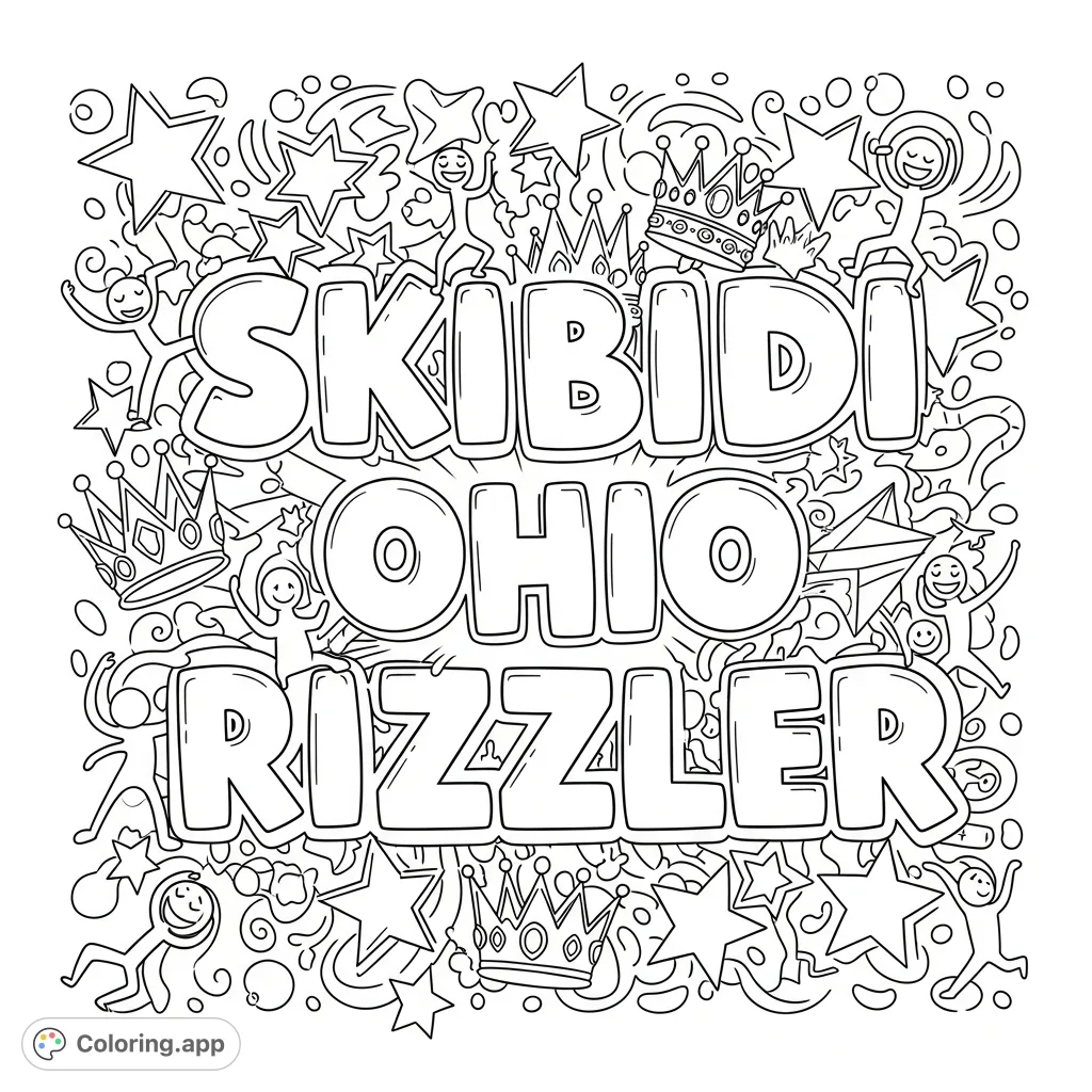 Dive into meme culture with this 'SKIBIDI OHIO RIZZLER' coloring page! Featuring chaotic floating objects, stars, crowns, and dancing figures.