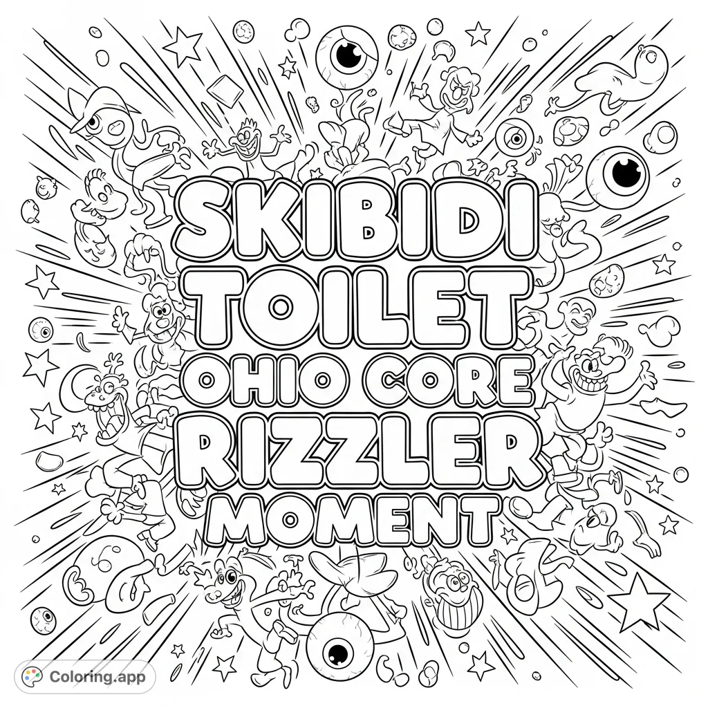 A chaotic meme coloring page featuring giant stacked bubble letters spelling “SKIBIDI TOILET OHIO CORE RIZZLER MOMENT” surrounded by silly dancing characters and swirling energy.