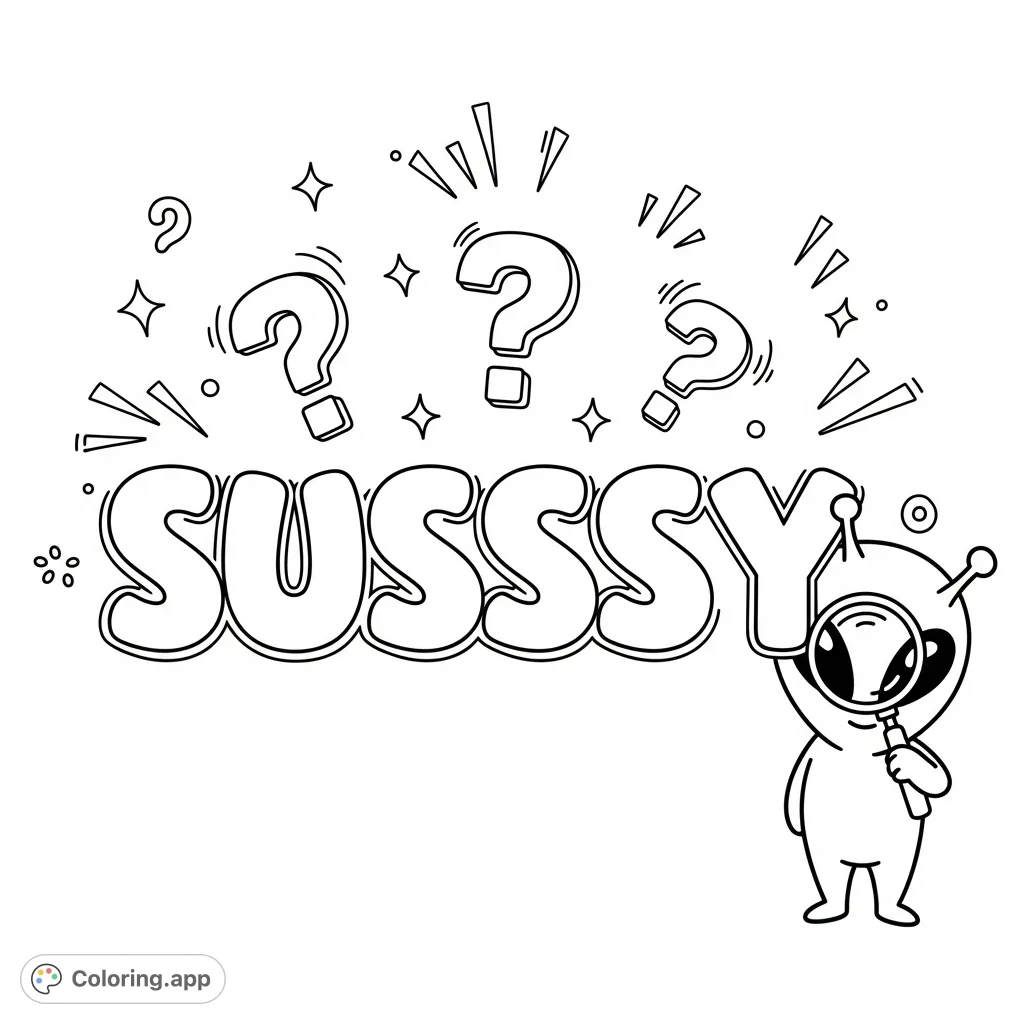 A fun Sussy coloring page featuring a suspicious impostor character with a magnifying glass, chunky 'SUSSY' letters, question marks, and playful doodles.