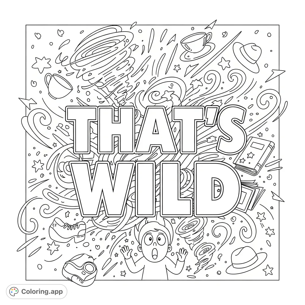 Unleash your creativity with this expressive 'That's Wild' coloring page featuring bold lettering, a chaotic swirling scene, and a surprised character.