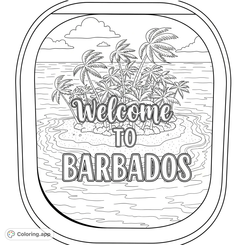 Gaze from an airplane window at a tropical island, waving palm trees, and the inviting message 'Welcome to Barbados.' A serene escape awaits your creative touch.