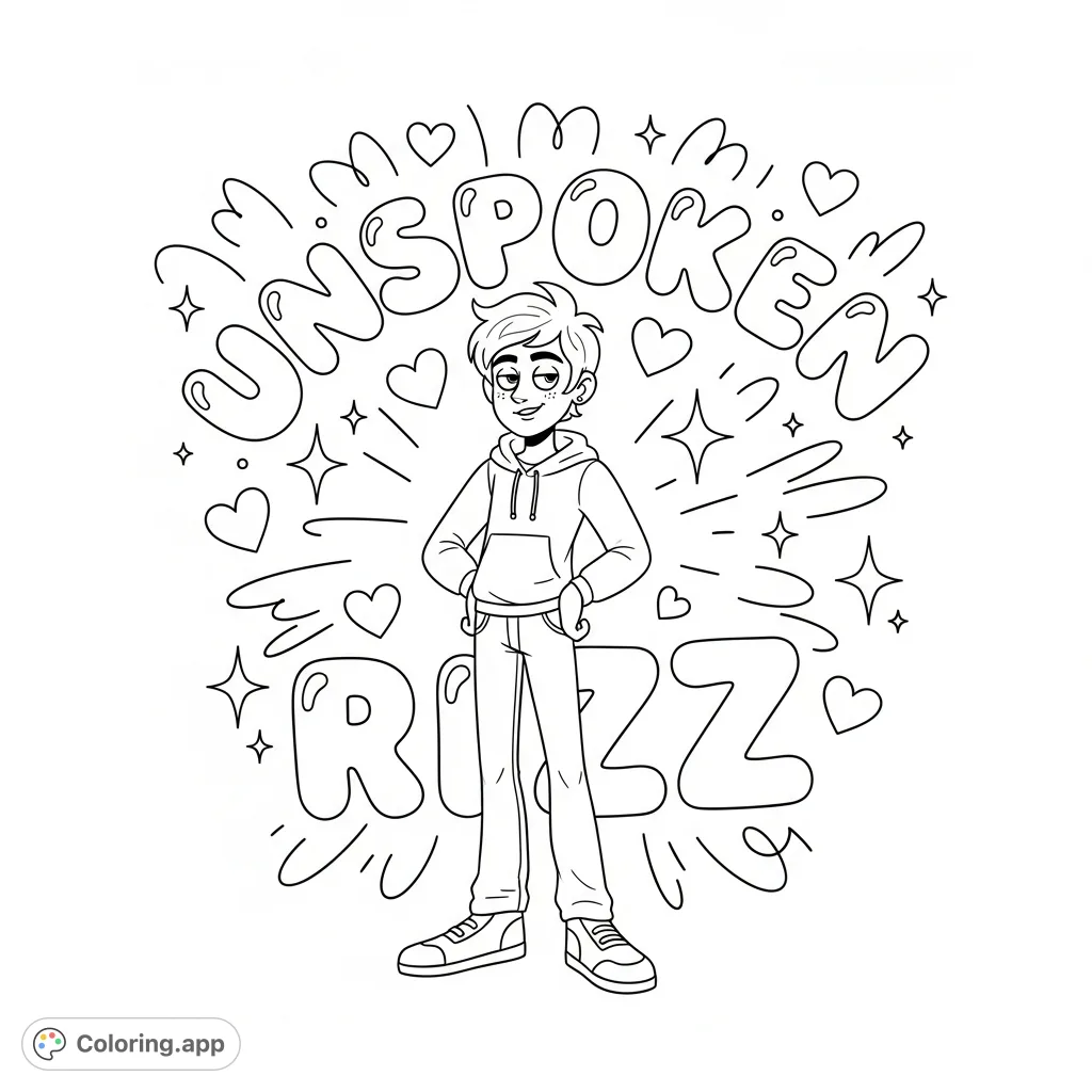 A charismatic cartoon character exudes silent charm alongside the phrase "UNSPOKEN RIZZ" in elegant bubble script, surrounded by floating hearts and sparkles.