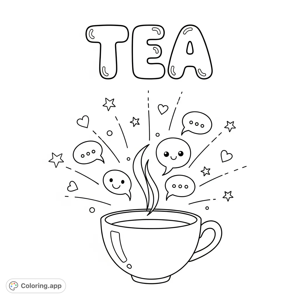 Discover a charming "TEA" coloring page featuring a cartoon teacup spilling speech bubbles, stars, and hearts for a fun and expressive coloring experience.
