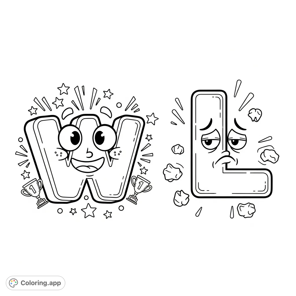 A fun, expressive coloring page featuring large bubble letters 'W' and 'L' with contrasting cartoon faces, surrounded by playful victory and defeat themed doodles. Perfect for all ages.