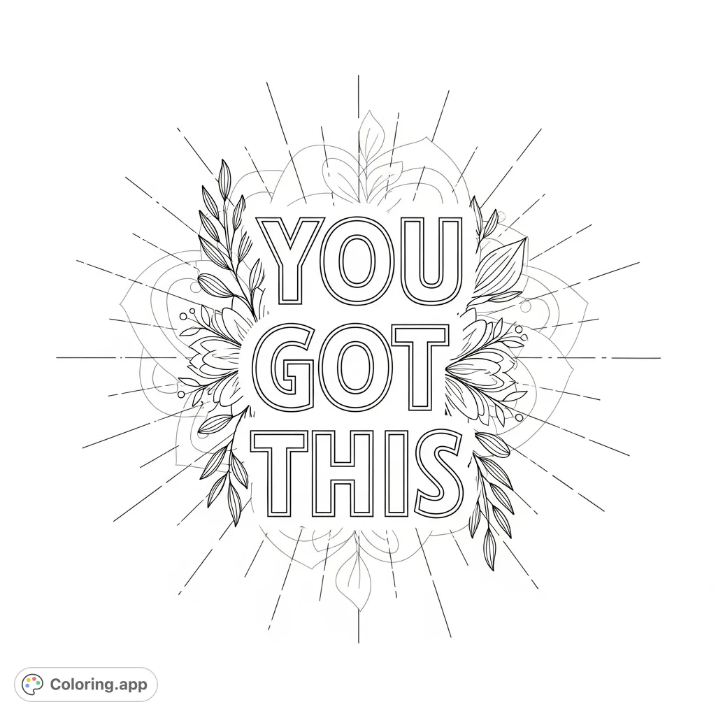 An empowering 'You Got This' message in elegant outline lettering, surrounded by soft mandala and floral patterns, offering a calming and hopeful coloring experience.