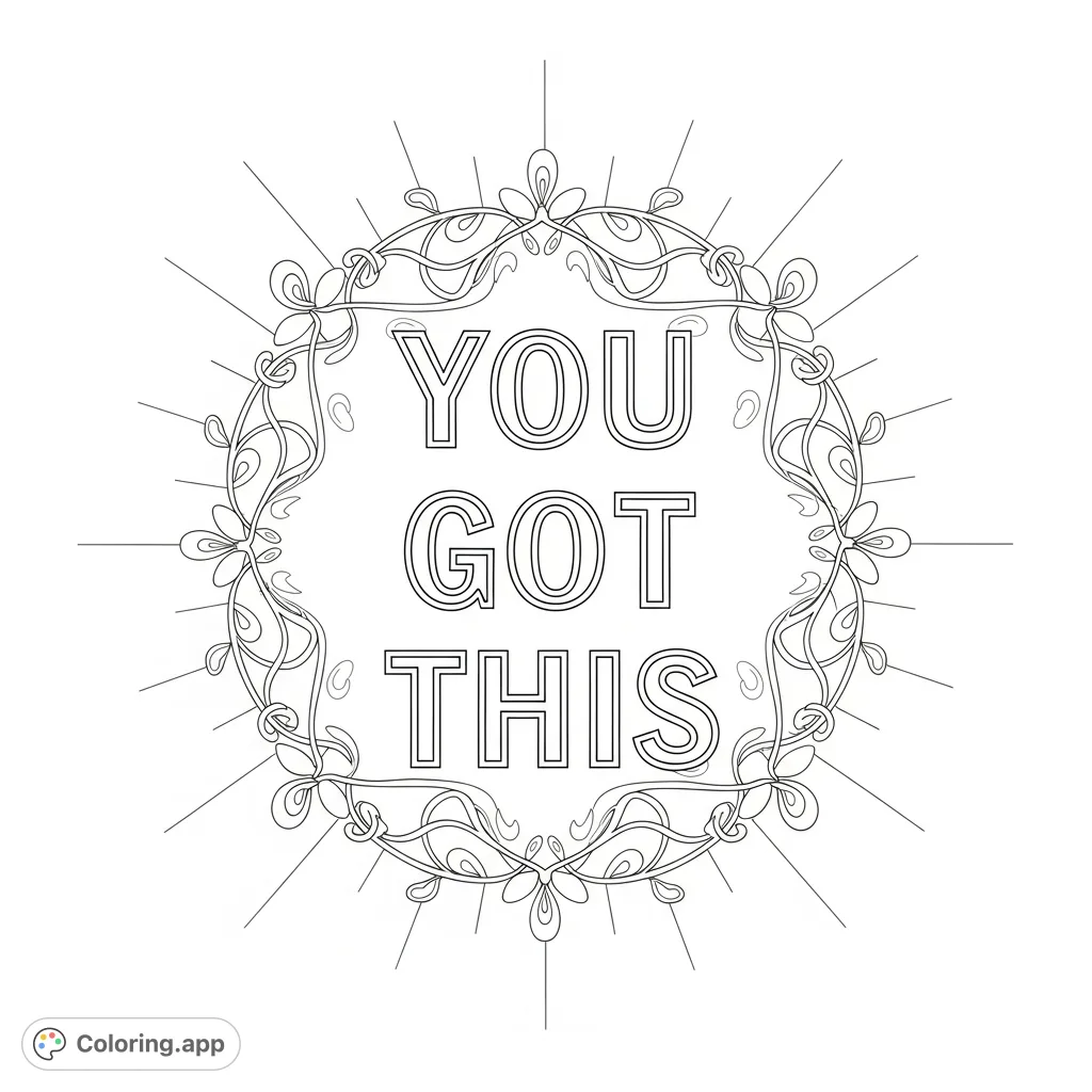 An empowering "You Got This" coloring page with elegant hollow lettering, surrounded by delicate floral and radiating mandala-like patterns, offering a peaceful and hopeful creative escape.