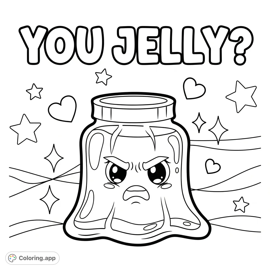 A fun and quirky coloring page featuring the phrase "YOU JELLY?" in bubble letters, alongside a cute, jealous jelly character with hearts and stars.