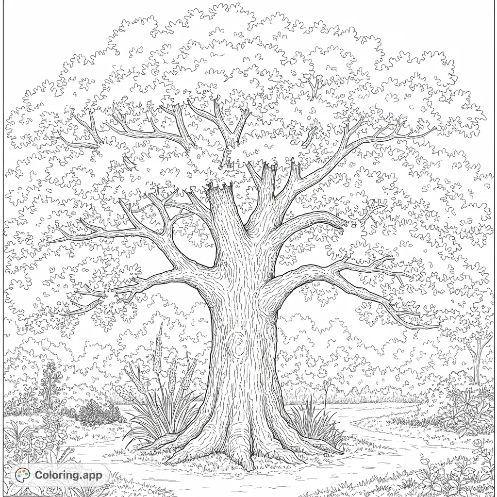 Discover a majestic oak tree with abundant leaves in a serene garden setting. A beautiful nature scene ready for your creative touch.