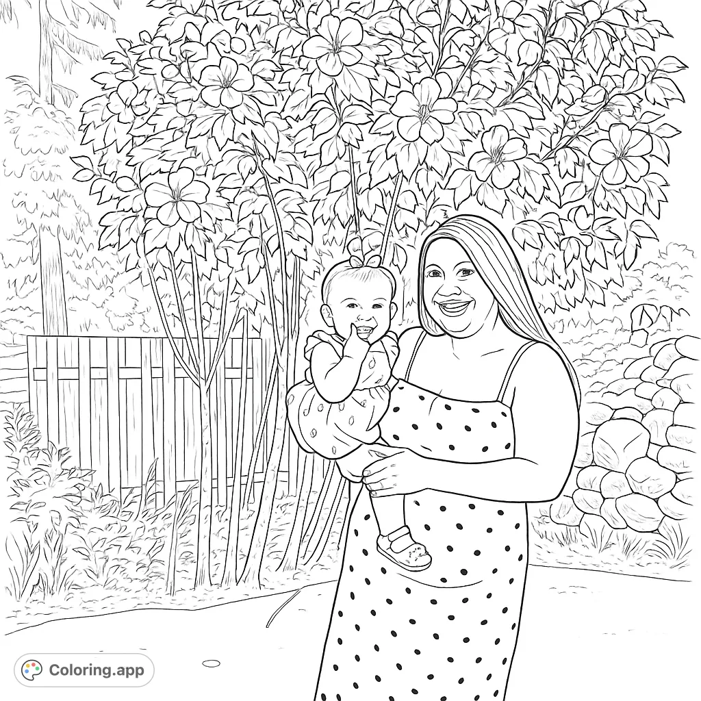 A heartwarming mother and baby coloring page, featuring a joyful embrace amidst a garden setting with floral and fruit patterns. Perfect for family fun.