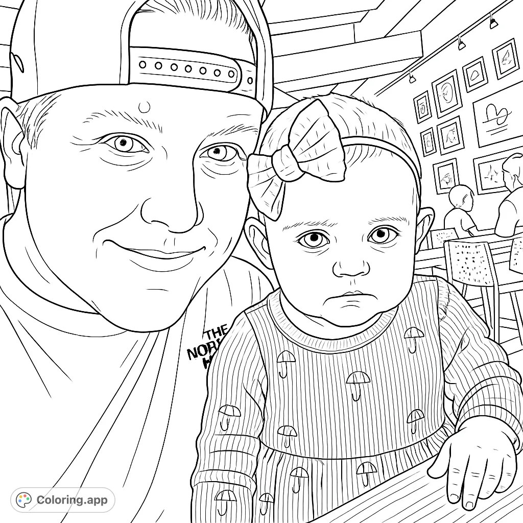 A heartwarming portrait of a man and a baby, perfect for capturing family love. Features a detailed bow and mushroom patterns for creative coloring.