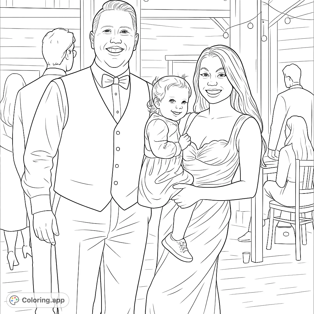 Capture a heartwarming family moment with this free printable family celebration coloring page. Features a smiling couple and their child in a festive setting.