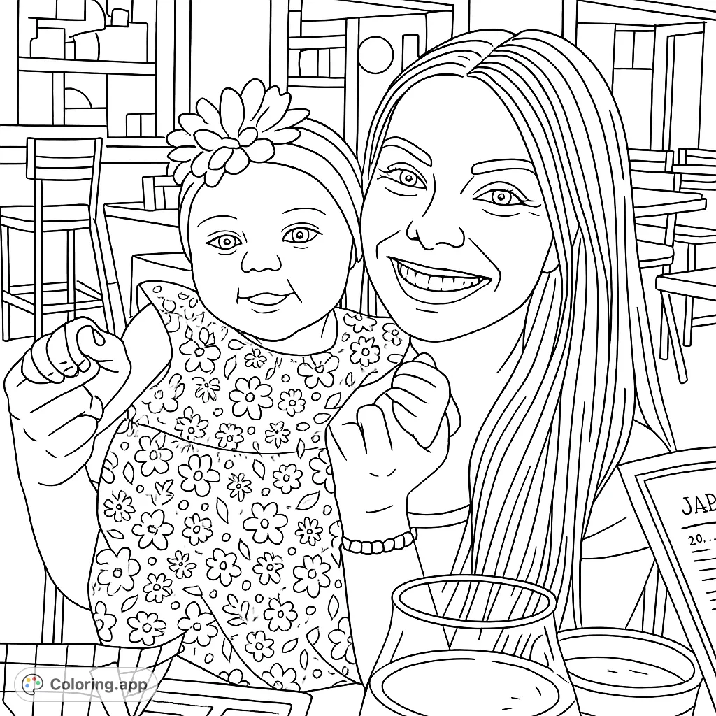 A heartwarming scene of a smiling mother holding her happy baby, perfect for a family-themed coloring page.