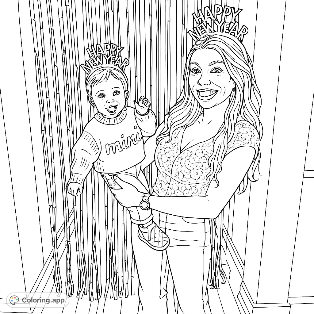 Celebrate the New Year with this heartwarming scene of a woman holding a joyful child, both wearing festive headbands against a shimmering backdrop. Perfect for family fun!