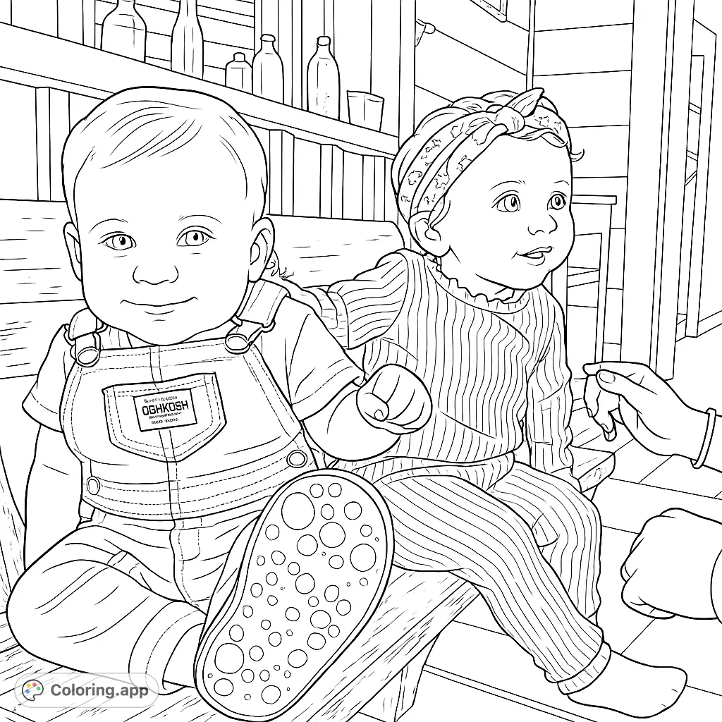 Capture the innocence of two adorable infants sitting on a rustic porch swing, surrounded by charming details. A heartwarming scene perfect for all ages.