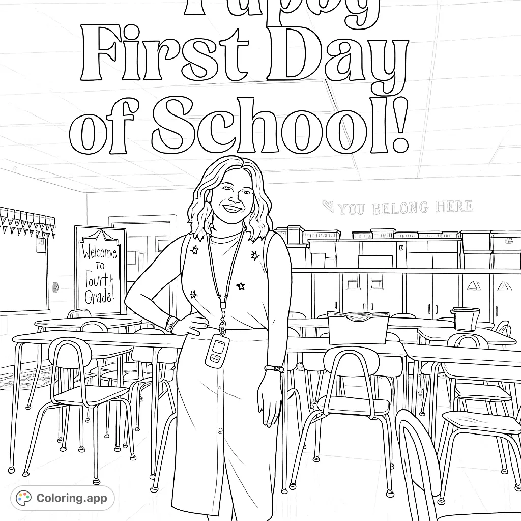 A welcoming teacher stands in a classroom, ready for the first day of school. Perfect for students and educators to celebrate new beginnings.