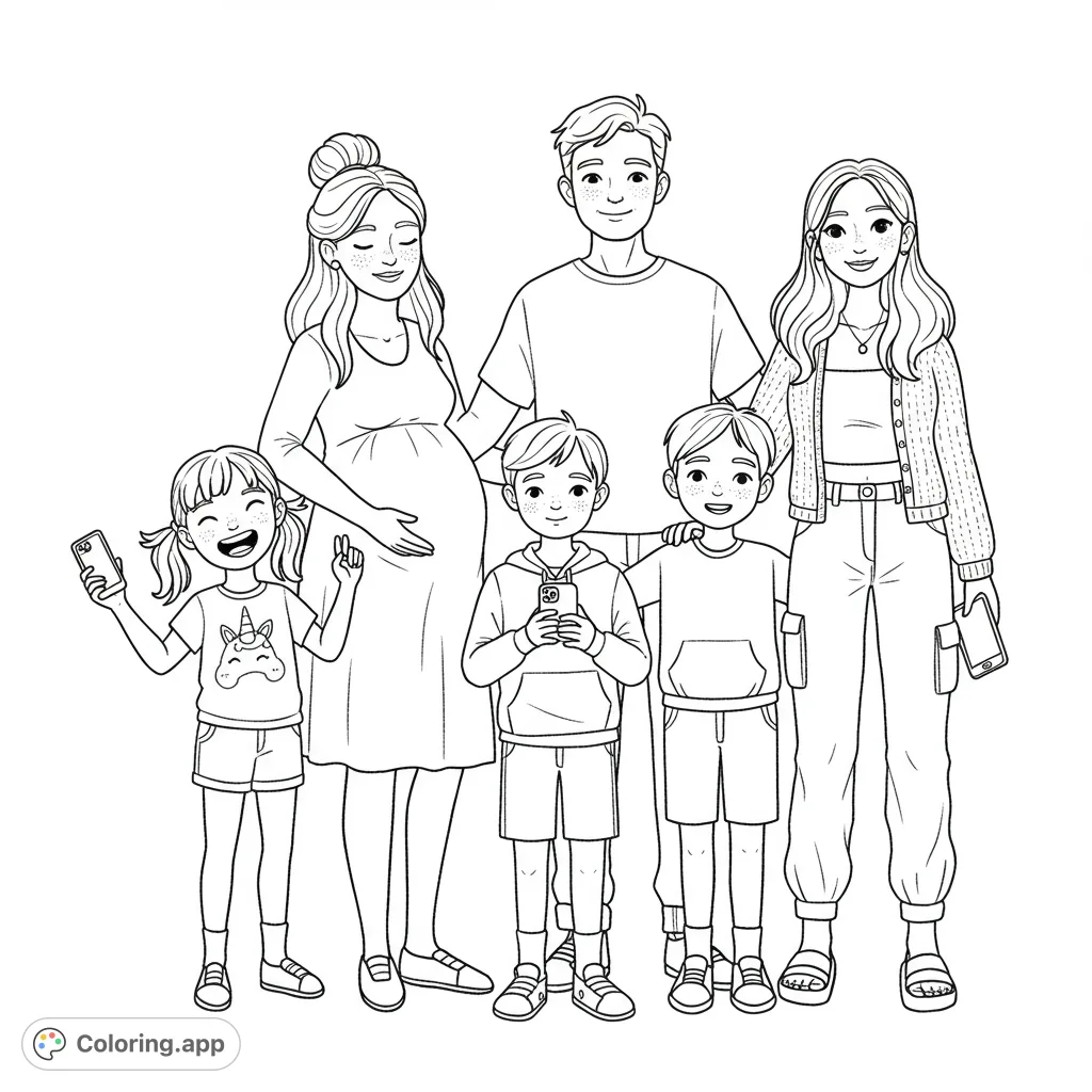 Capture the warmth of a loving family of five, featuring a pregnant mother, a dashing father, and their three children, each with unique expressions and attire.