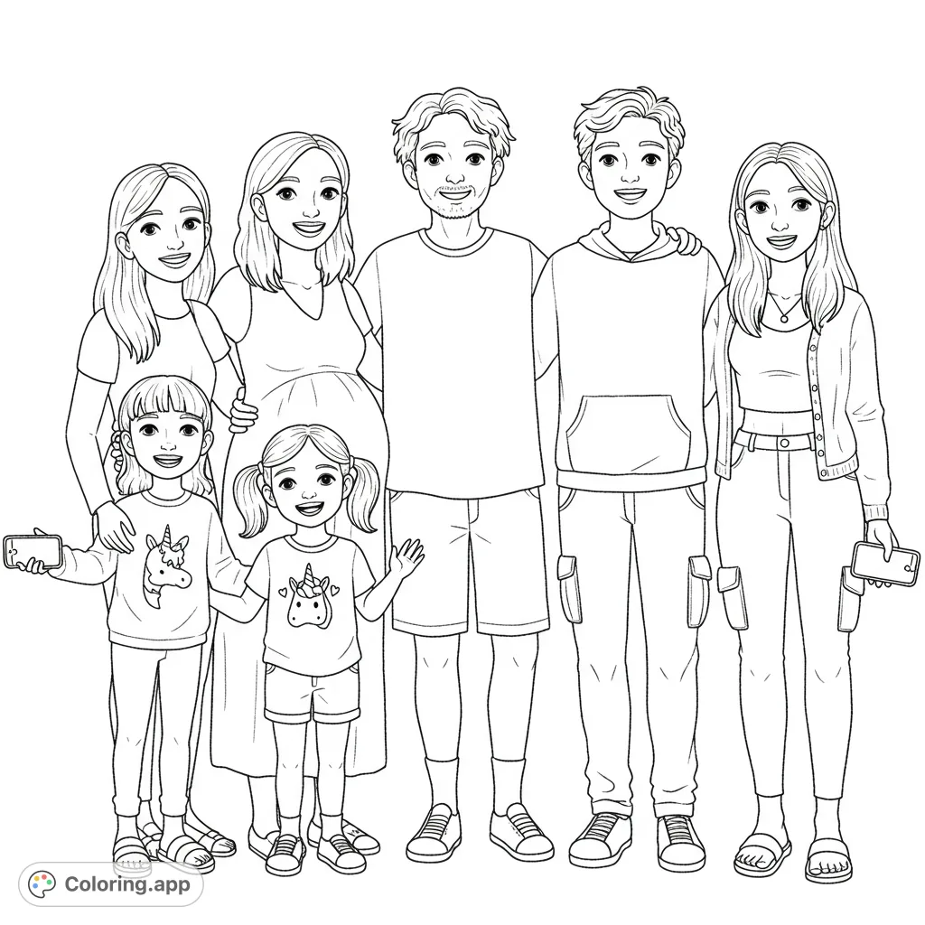 A heartwarming family portrait coloring page featuring a pregnant mom, a dashing dad, and their three children, all smiling together.