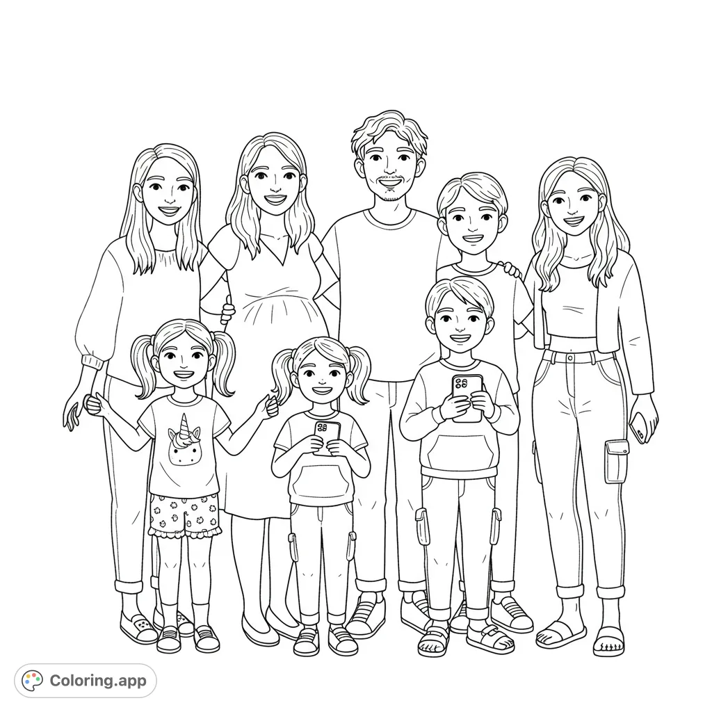 A heartwarming family portrait coloring page featuring a pregnant mom, a dashing dad, and their three children, all smiling together.