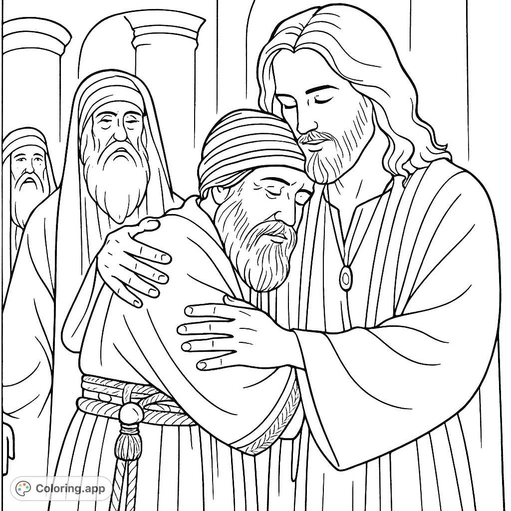 A powerful scene of comfort and connection, featuring three figures in ancient robes, with one embracing another. Perfect for reflection and detailed coloring.