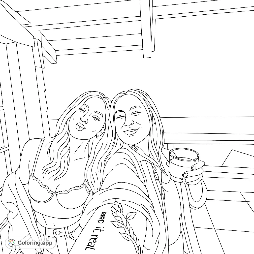 Capture a fun friends night out with this selfie coloring page. Features two smiling women, detailed tattoos, and an evening setting. Perfect for creative expression!