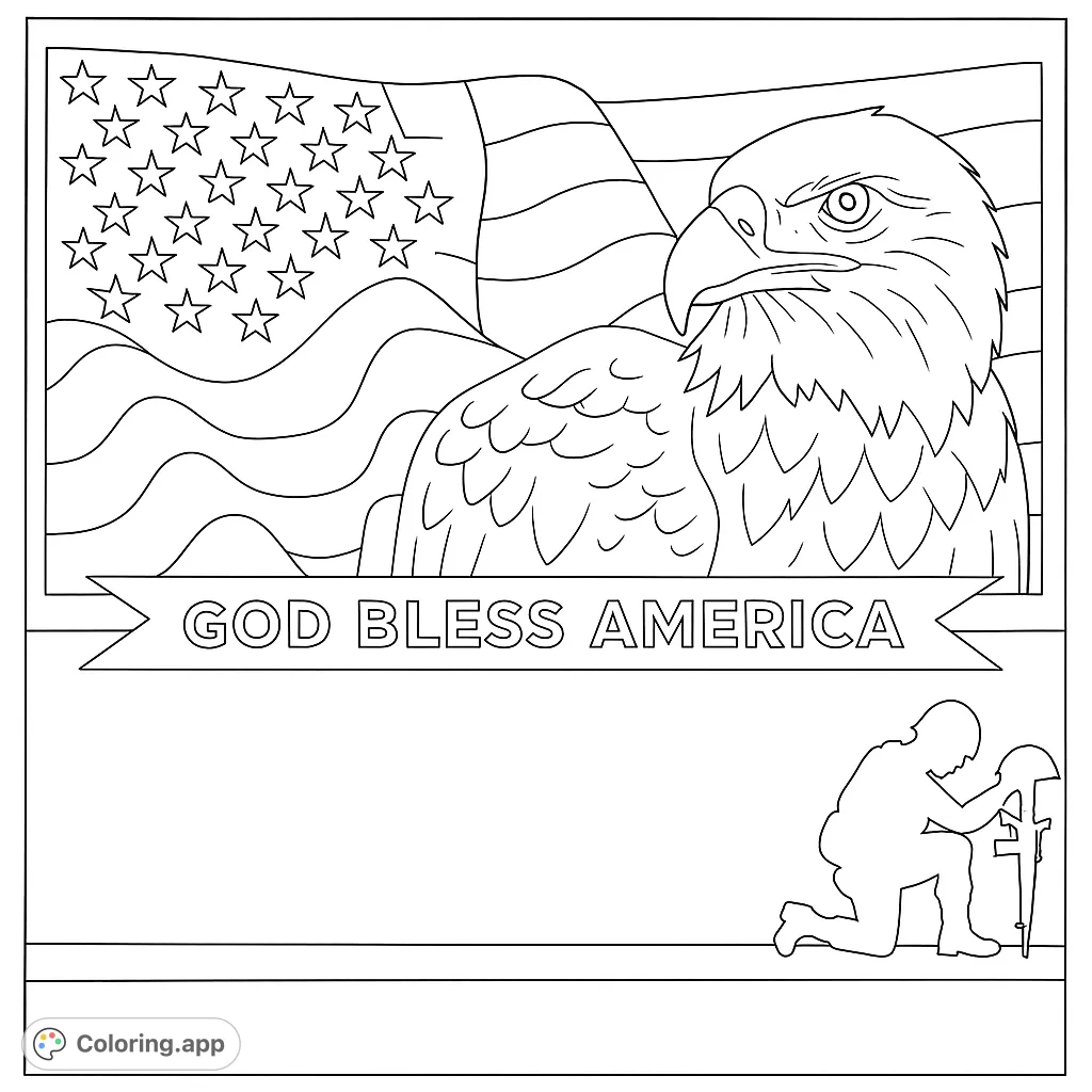 A powerful patriotic scene featuring a majestic bald eagle, a waving flag, and a kneeling soldier silhouette, perfect for honoring American spirit.