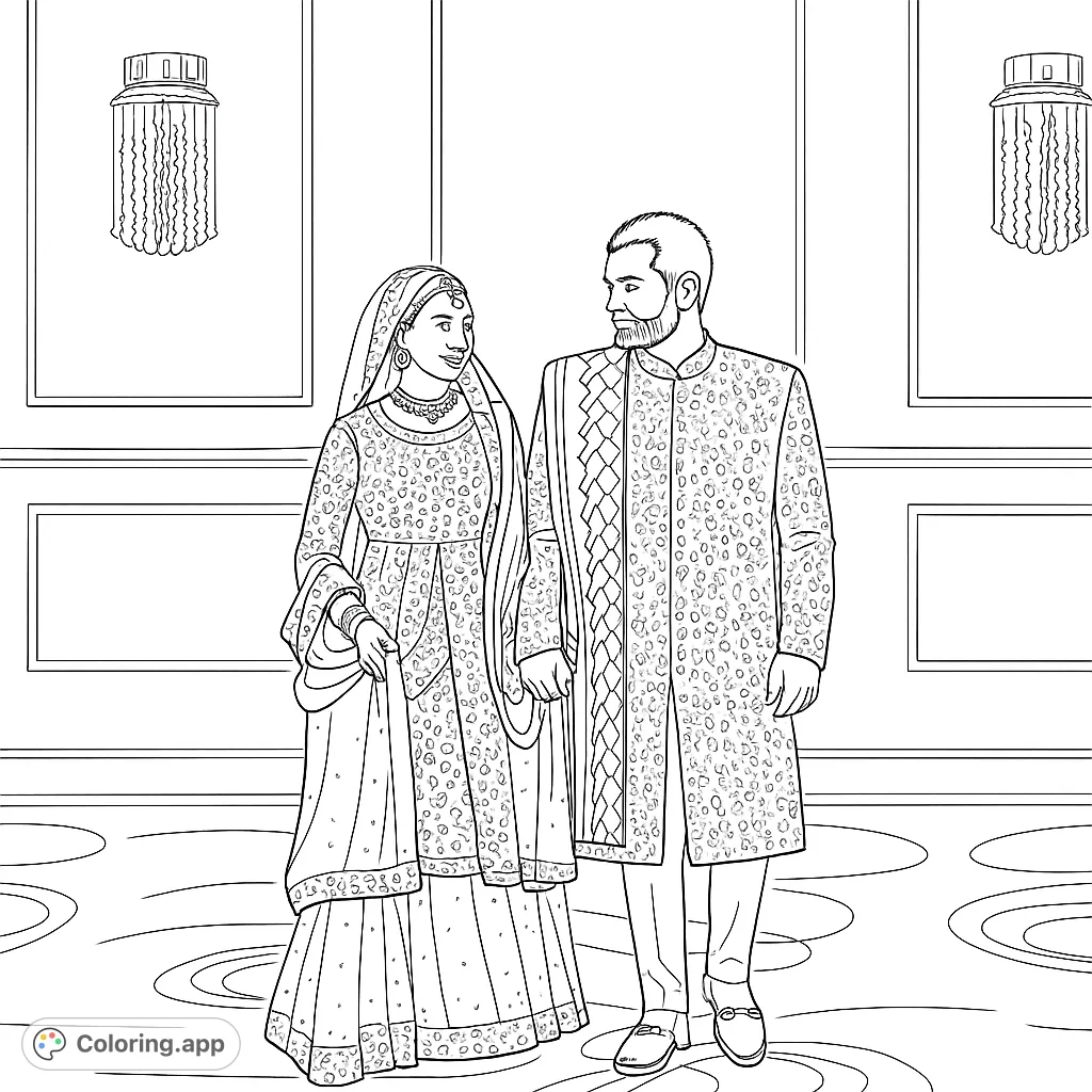 Capture the elegance of a regal couple in traditional attire. Intricate details on garments and grand setting offer a sophisticated coloring experience.