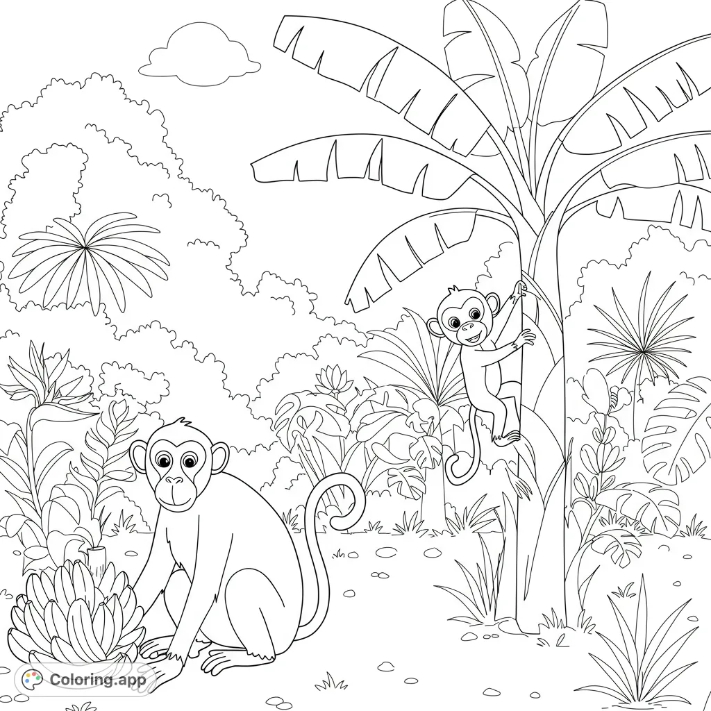 A delightful tropical scene featuring two playful monkeys, a large one with bananas and a smaller one climbing a banana tree. Perfect for young artists!