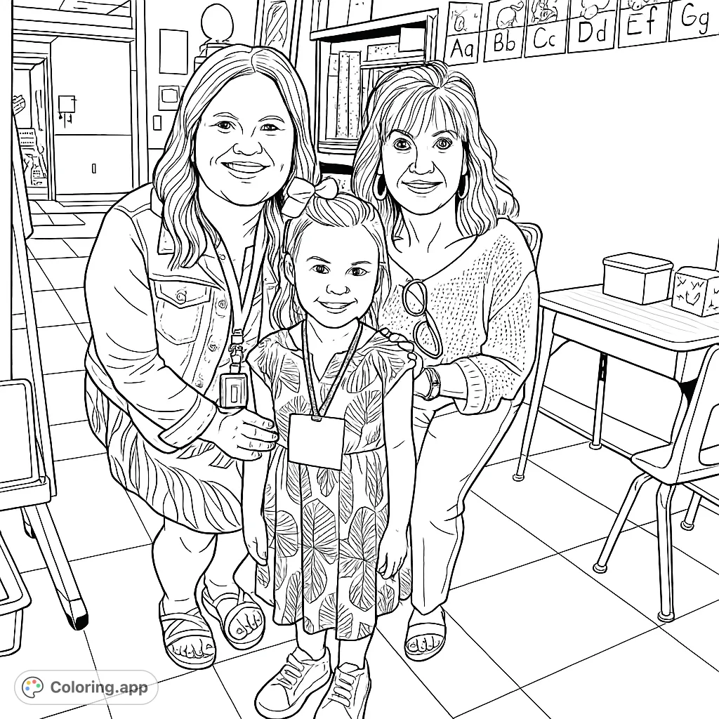 Capture the joy of a school day with this heartwarming coloring page featuring a happy student and two adults. Perfect for celebrating education and family bonds.