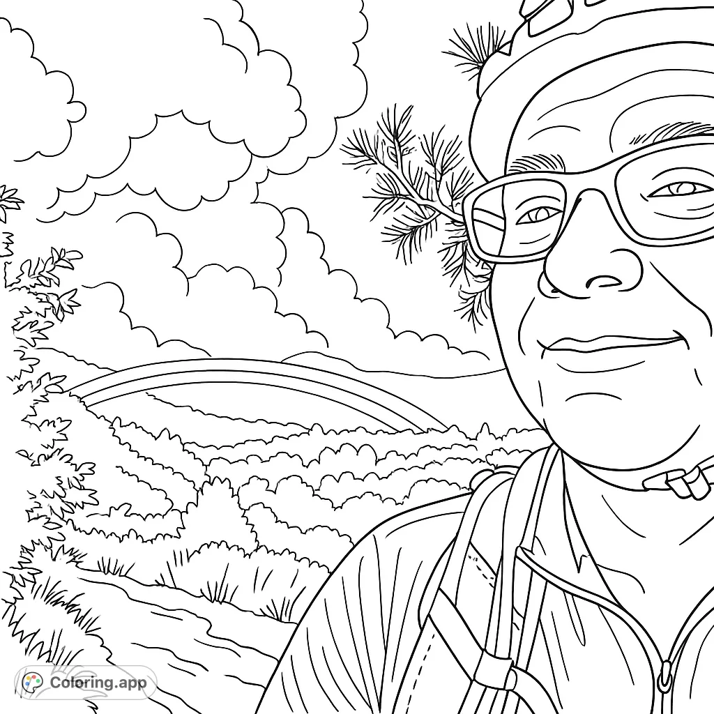 Explore a stunning mountain vista featuring a partial view of an adventurer, dense forests, and a majestic sky arc. A free printable nature coloring page.