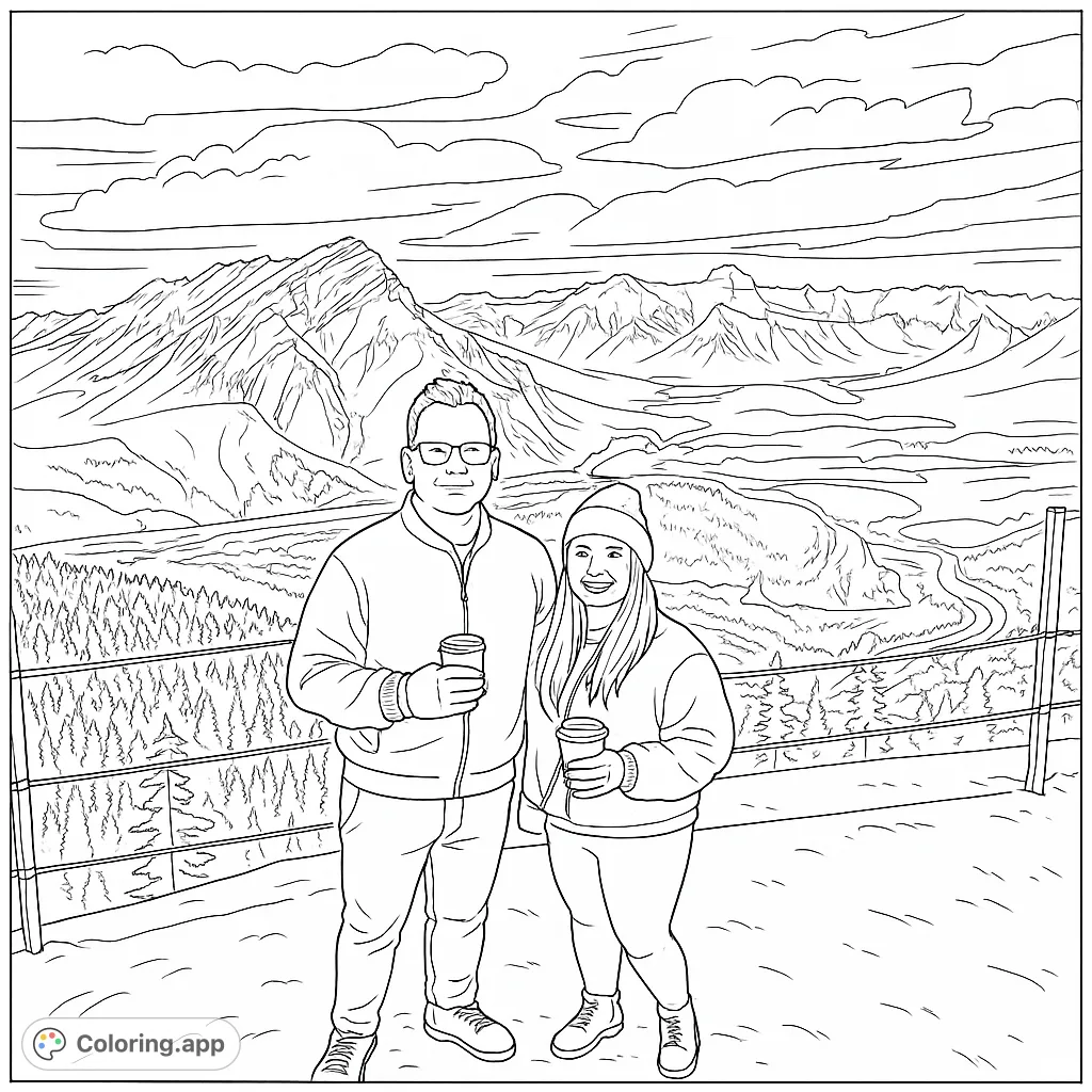 A couple stands on a snowy mountain peak, overlooking a vast landscape of majestic mountains, winding rivers, and dense forests. A serene winter scene.