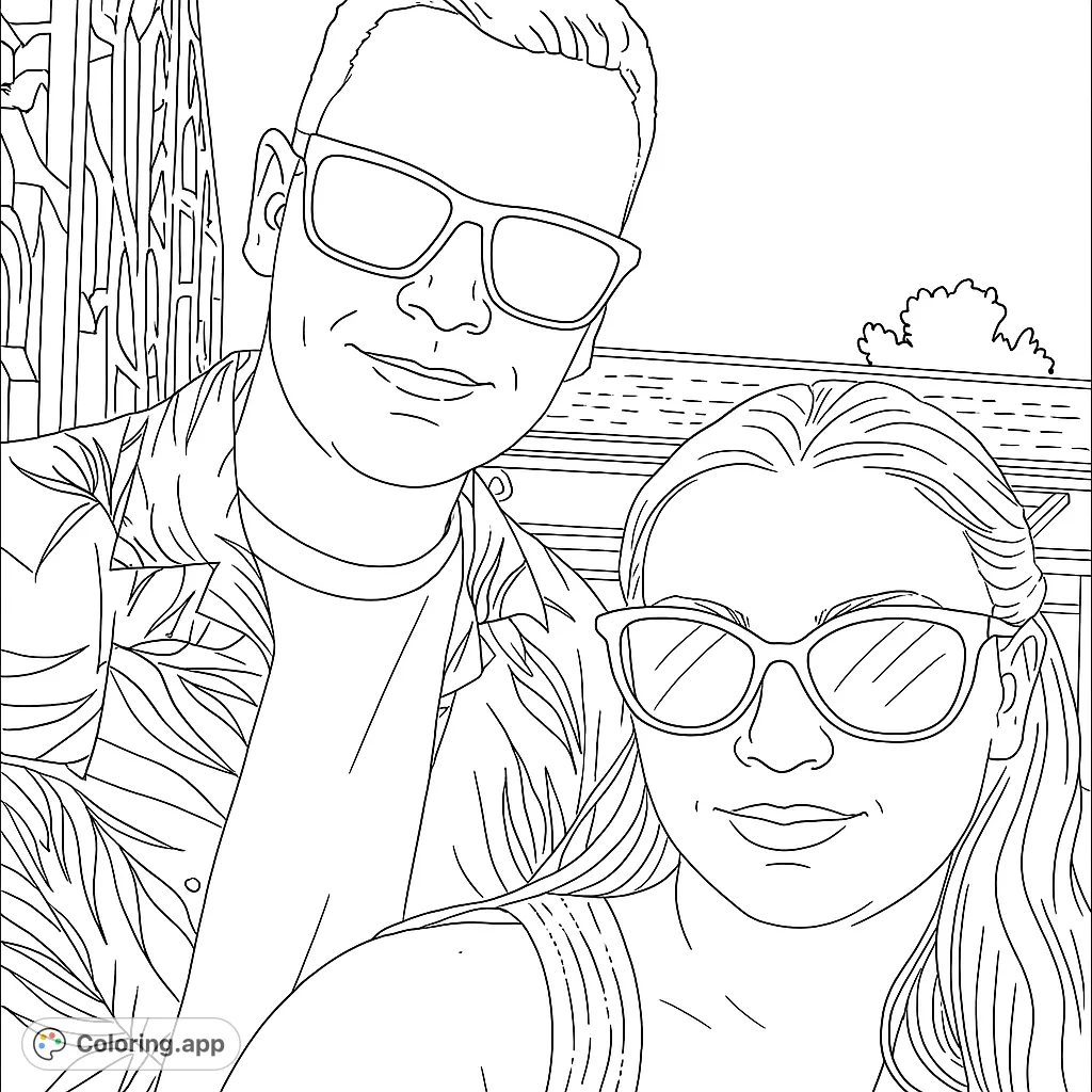 Capture a joyful moment with this couple's portrait. Features a man in a patterned shirt and a woman in sunglasses, set against a detailed architectural background.