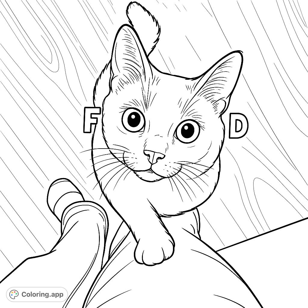 An adorable feline stands on a person's leg, looking up with wide, expressive eyes. A charming and engaging cat coloring page for all ages.