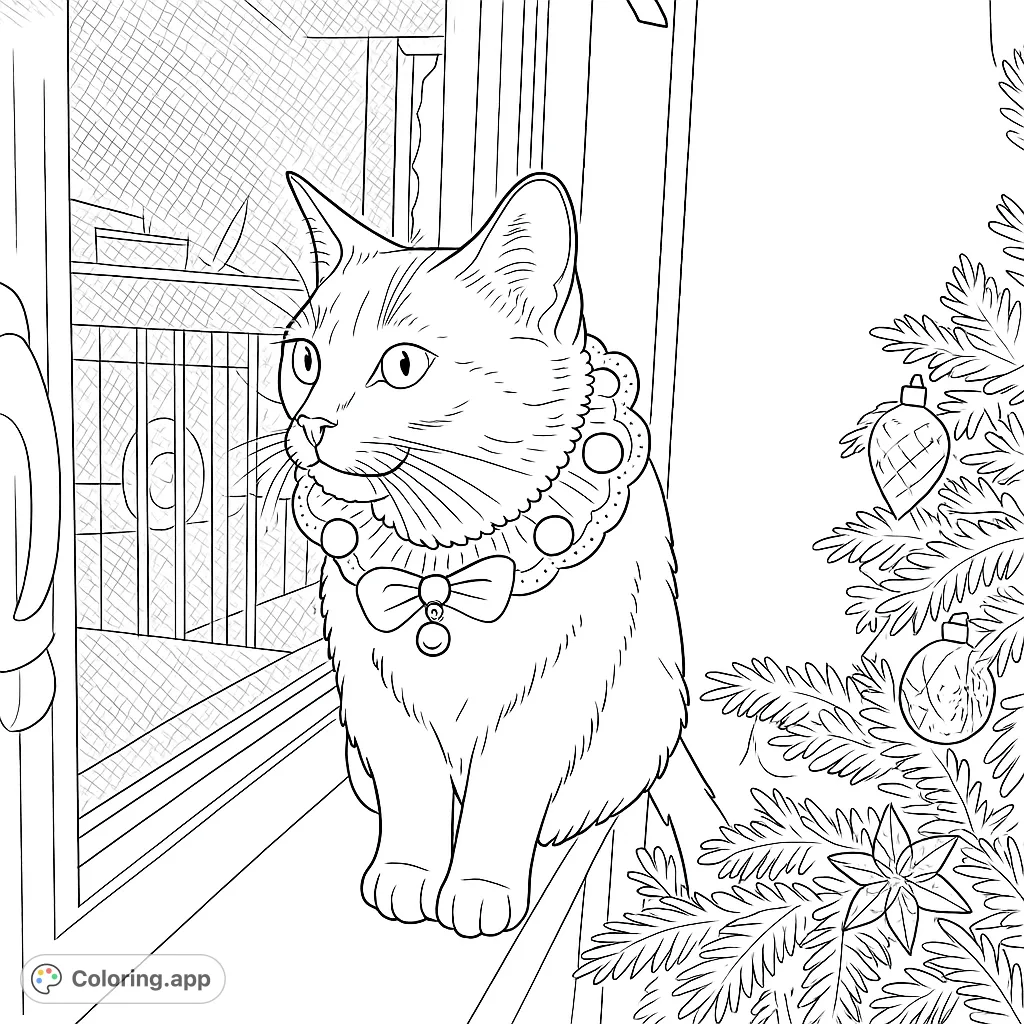 A charming cat in a festive collar gazes out a window, with a decorated tree nearby. Perfect for holiday cheer and pet lovers.