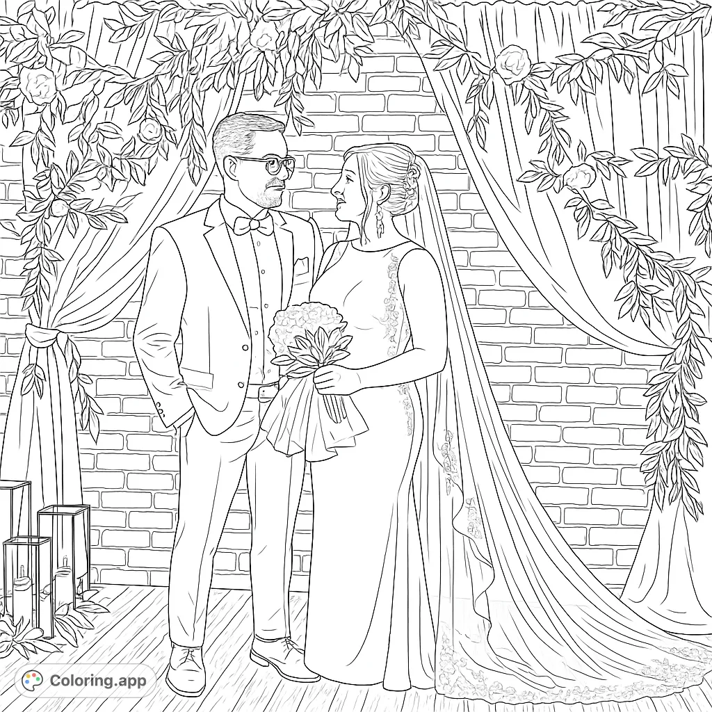 Celebrate love with this romantic wedding couple coloring page. Features a bride and groom under a floral arch, perfect for personalizing a special day.