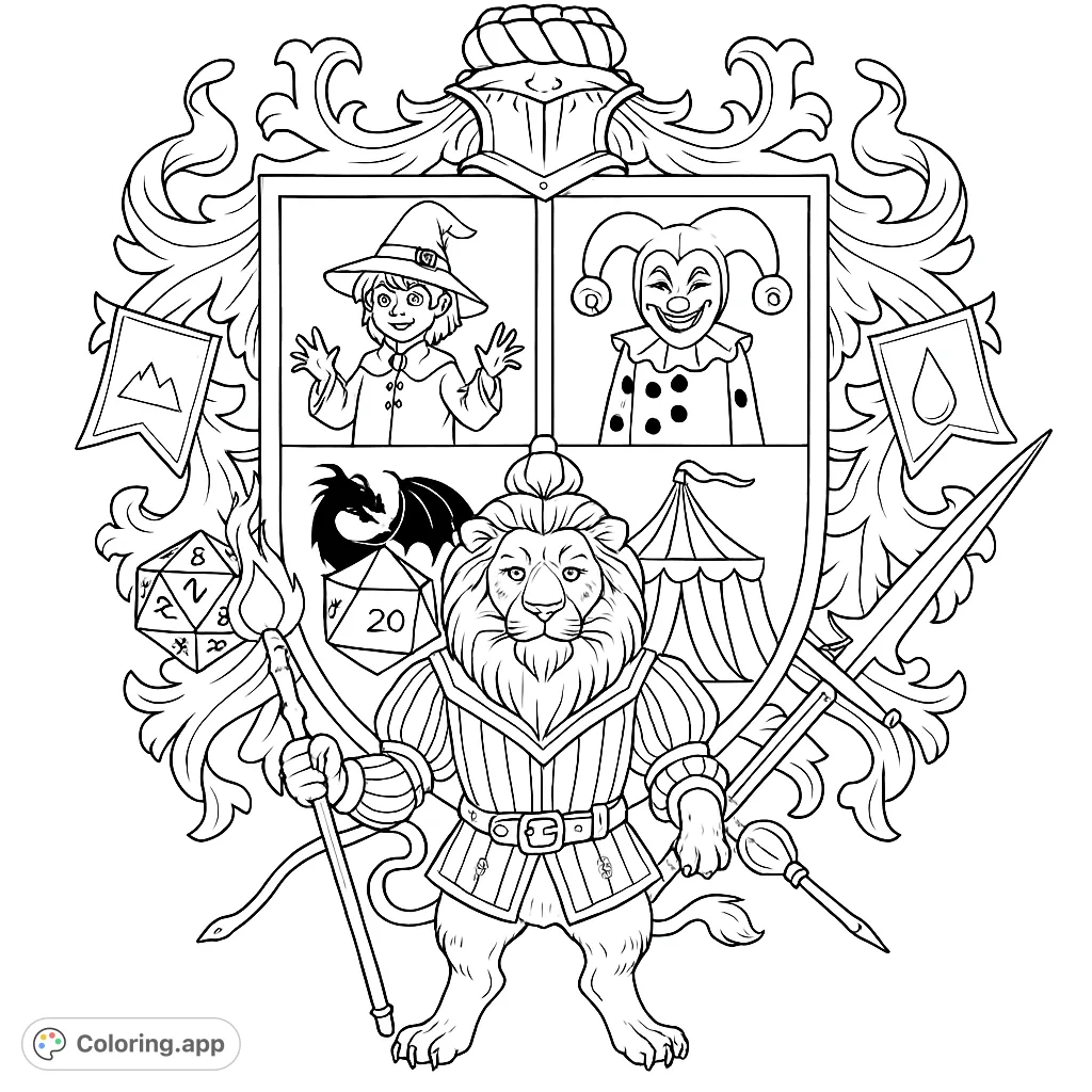 An intricate fantasy crest featuring a noble lion, wizard, jester, dragon, and gaming dice, perfect for adventurers and role-playing fans.
