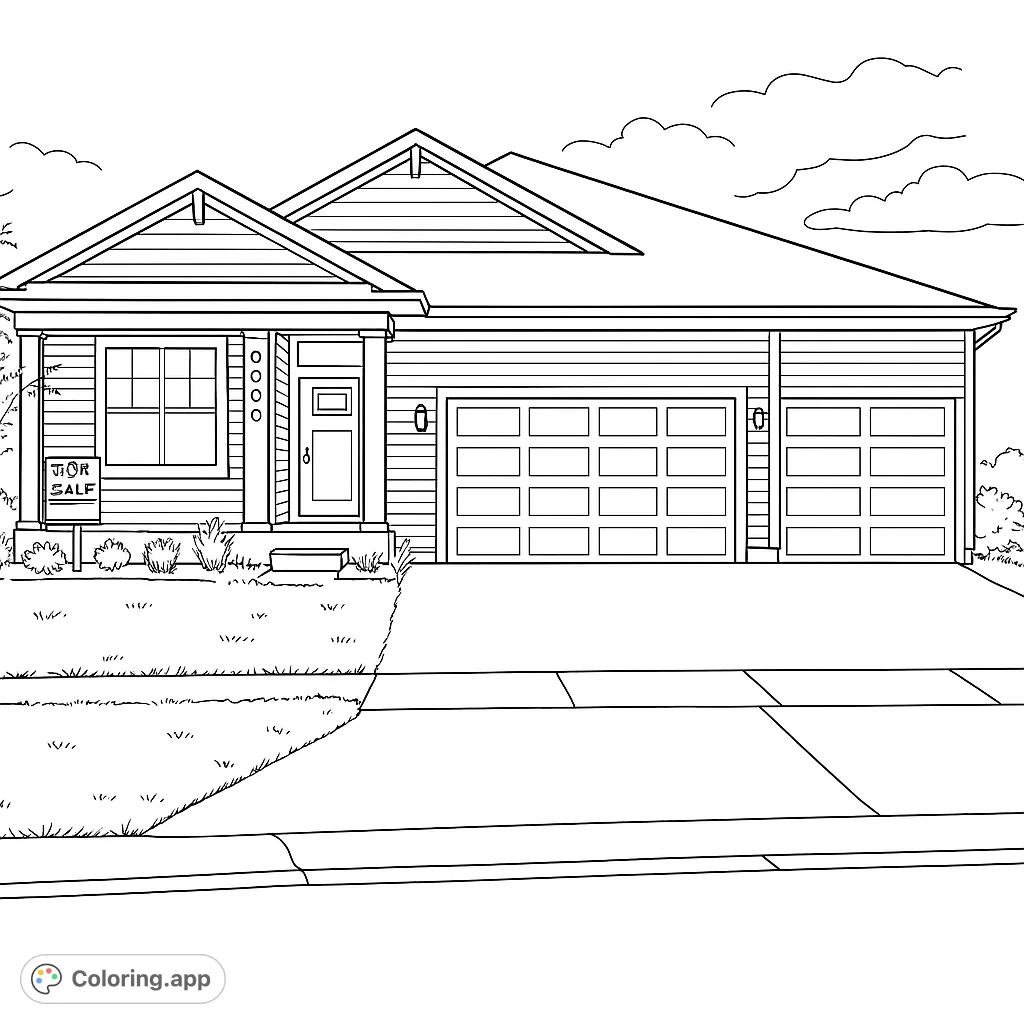 Color a charming suburban house with a two-car garage, front porch, and landscaped yard under a cloudy sky. Perfect for home design enthusiasts!