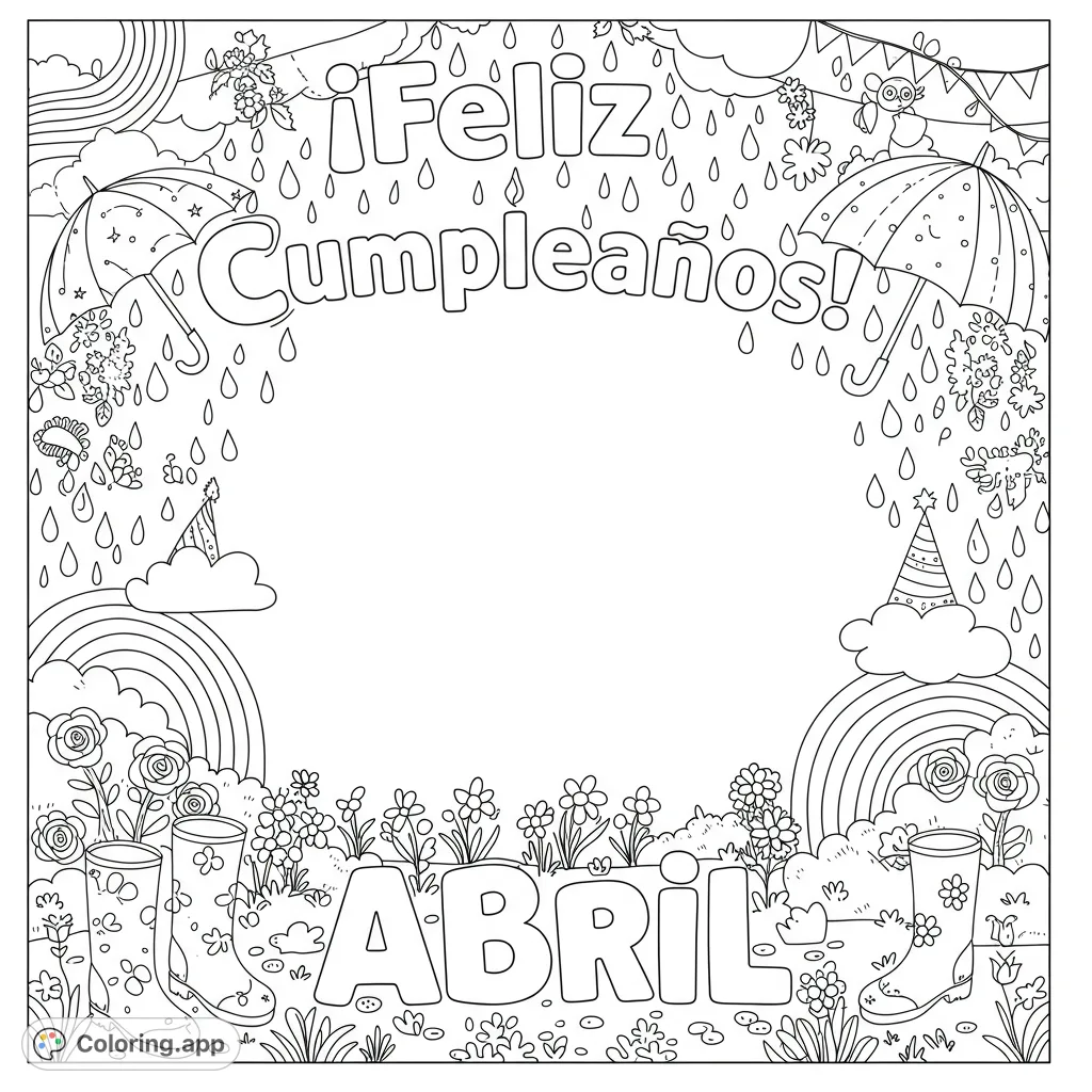 A festive birthday coloring page featuring '¡Feliz Cumpleaños!' text, rainbows, umbrellas, and a customizable drawing space, perfect for personal greetings.