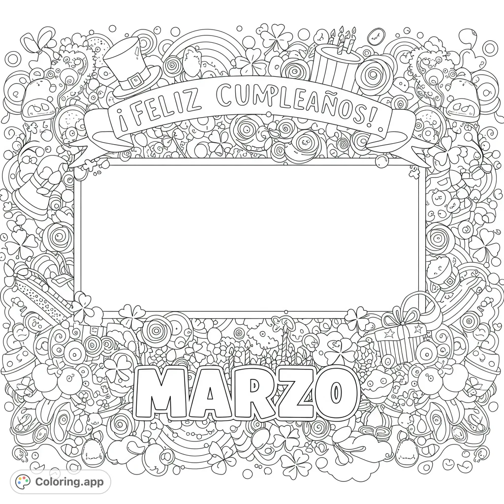 A festive birthday coloring page featuring "¡Feliz Cumpleaños!" and "Marzo" text, adorned with shamrocks, rainbows, and coins, plus a central drawing space.