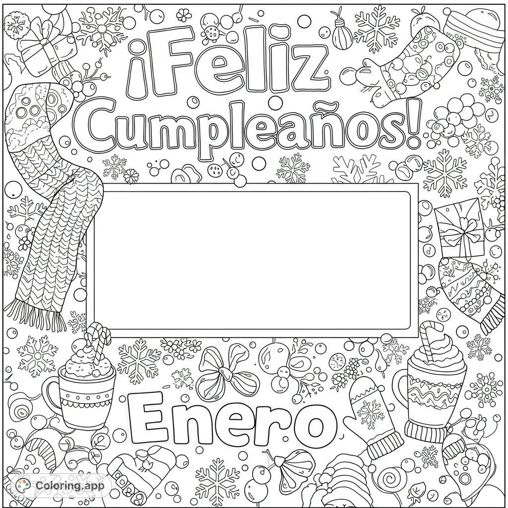 Celebrate a winter birthday with this festive coloring page! Features '¡Feliz Cumpleaños!', snowflakes, hot chocolate, and a space for drawing. Perfect for January.
