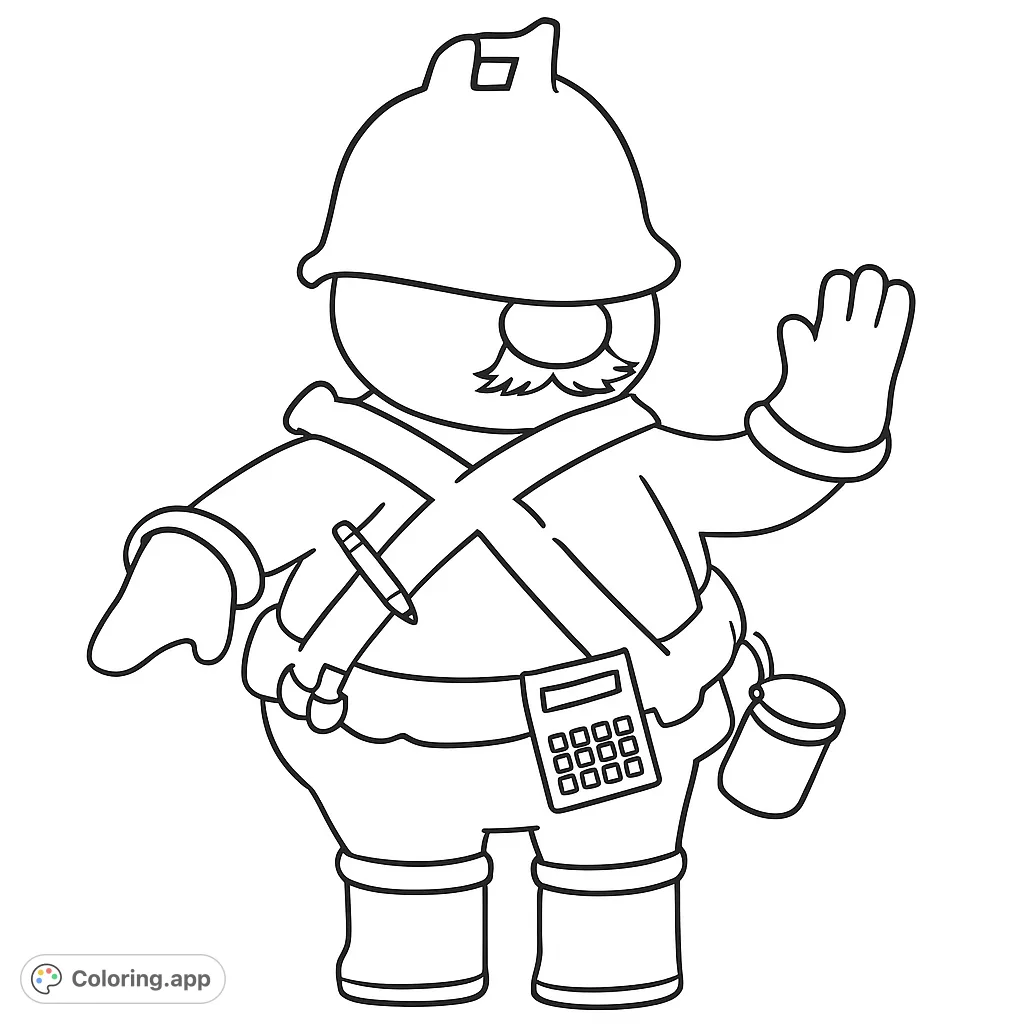 A charming, stout construction worker character with a hard hat and tools, ready for a fun coloring adventure. Perfect for young builders!