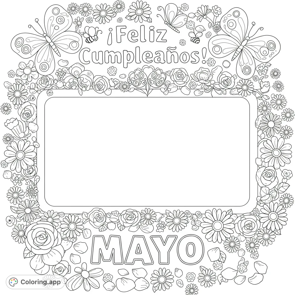 Celebrate with this festive birthday coloring page! Features a '¡Feliz Cumpleaños!' header, a central drawing space, and decorative 'Mayo' text.