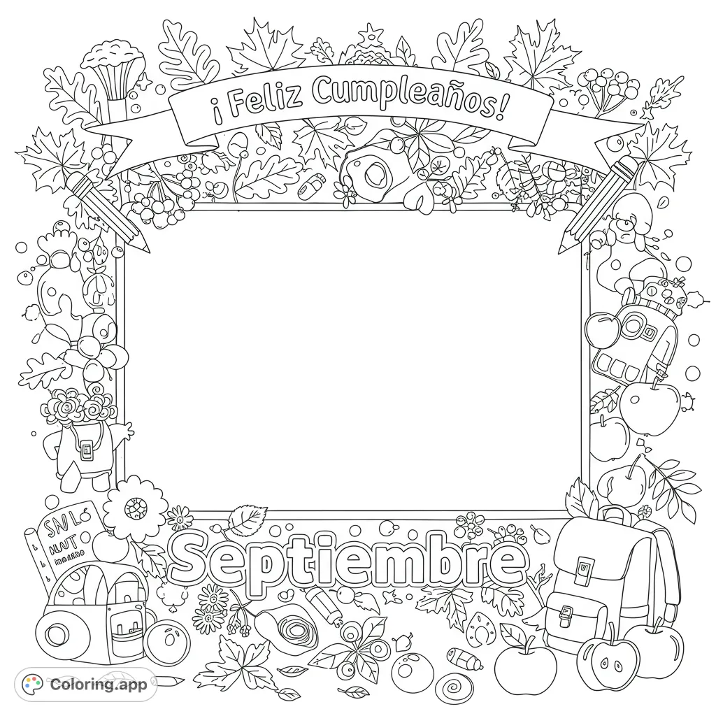 A unique birthday coloring page featuring '¡Feliz Cumpleaños!' and 'Septiembre' text, autumn leaves, pencils, school items, and a central drawing space.