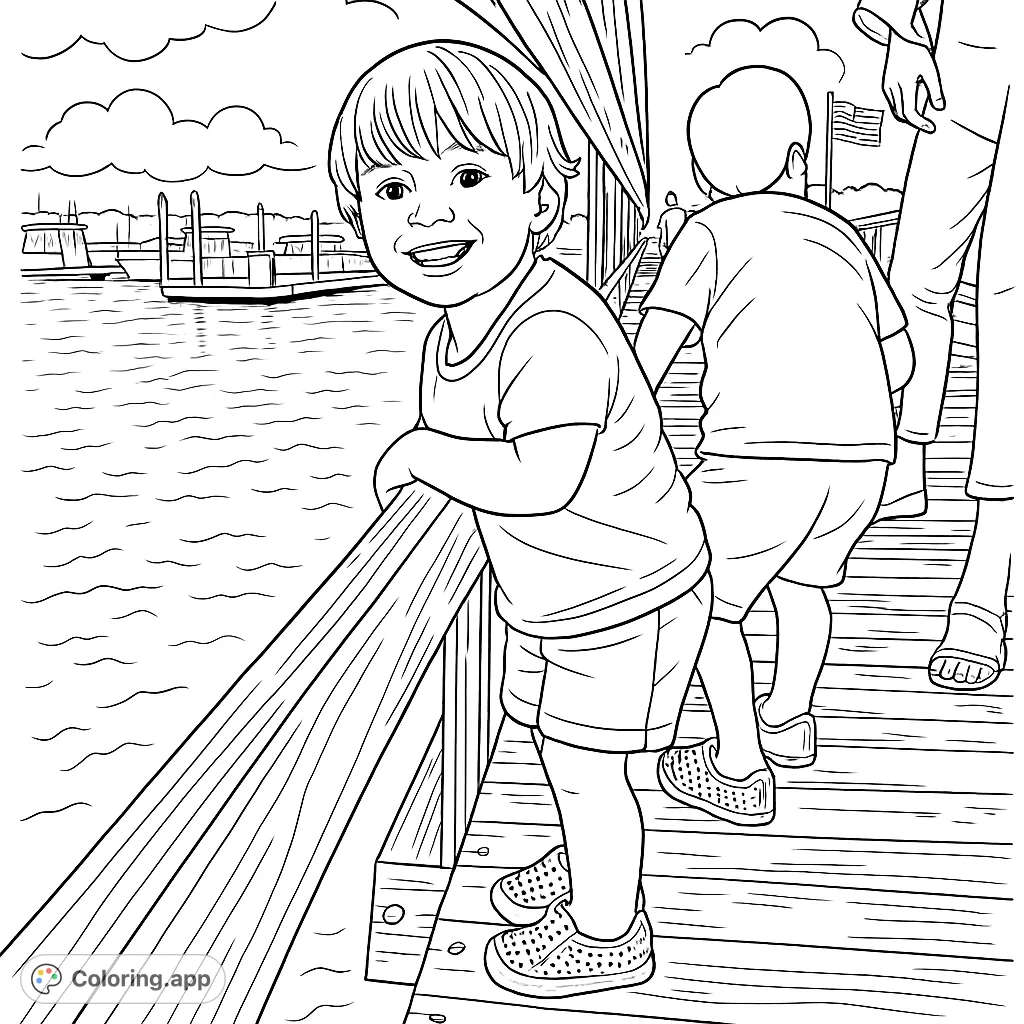 A delightful pier adventure coloring page featuring a smiling child leaning on a wooden railing, with boats docked in the background. Perfect for young explorers!