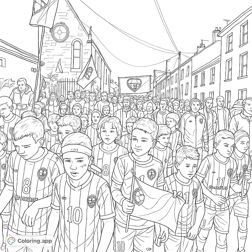 A vibrant community parade featuring a large crowd of young athletes in uniforms, marching down a street lined with buildings, celebrating team spirit.